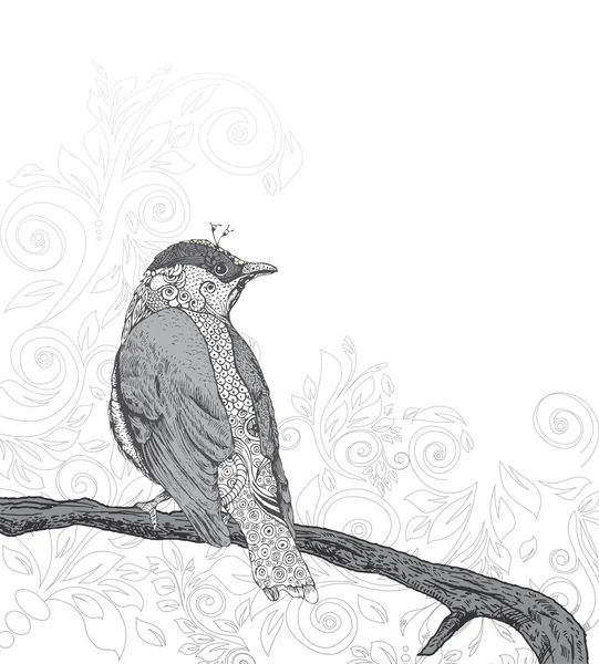 Pássaro desenhado à mão no ramo . — Vetor de Stock