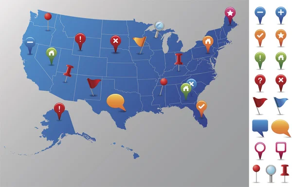 Mapa de EE.UU. con Iconos GPS . — Vector de stock