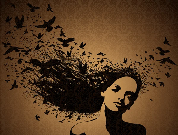 Retrato de mujer con pájaros volando de su pelo . — Vector de stock