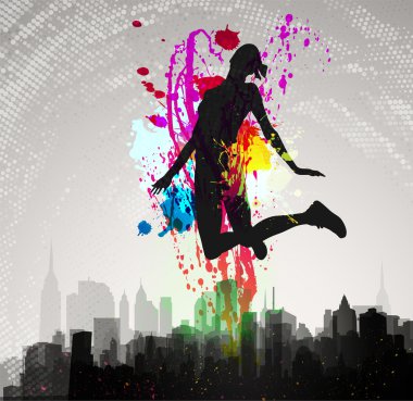 Girl jumping over city. clipart