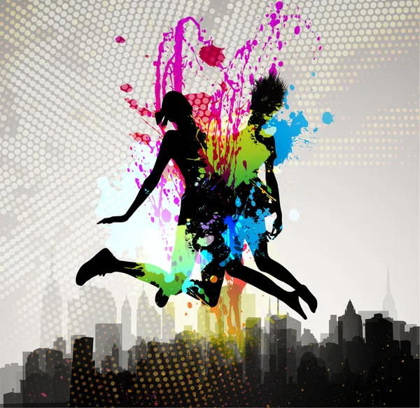 Two girls jumping over city. — Stock Vector