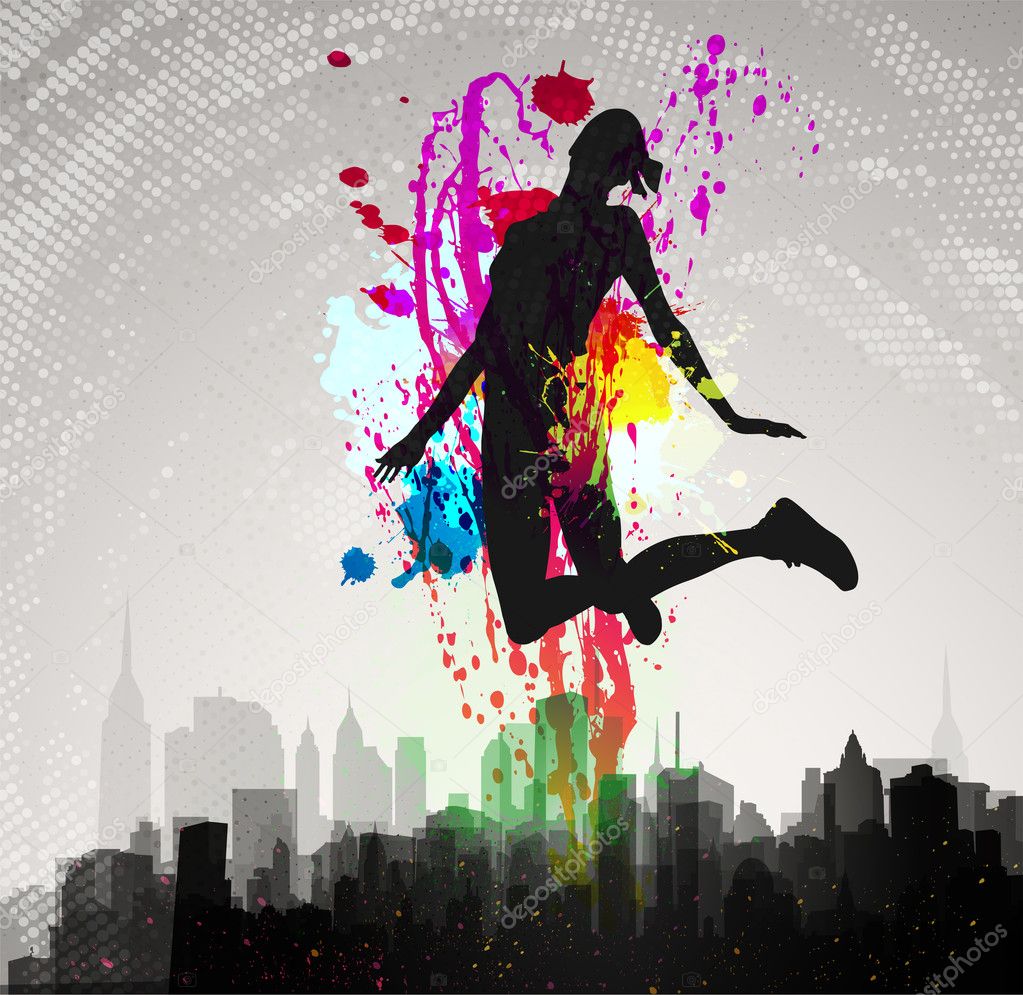 Girl jumping over ink splash background.
