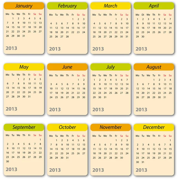 Calendario 2013, internazionale — Vettoriale Stock