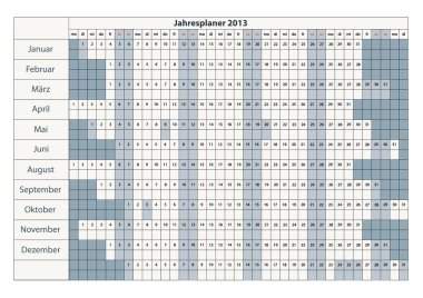 jahresplaner 2013, deutsch, DIN formatında, mit feiertagen