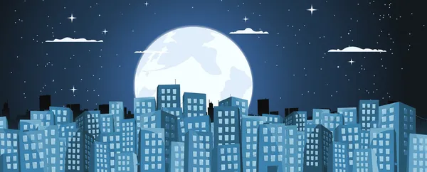 Edificios de dibujos animados de fondo a la luz de la luna — Vector de stock