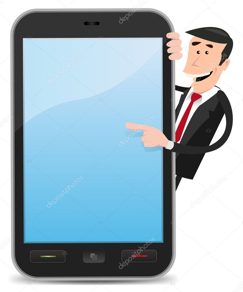 Cartoon Man Pointing Smartphone