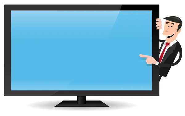 Hombre señalando TV de pantalla plana — Vector de stock