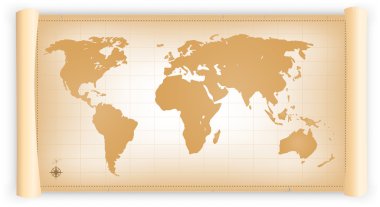 Vintage World Map On Parchment Scroll clipart