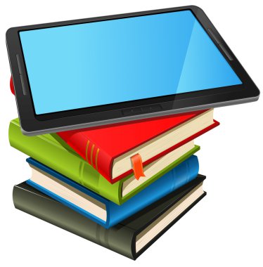 kitap yığını ve mavi ekran tablet pc