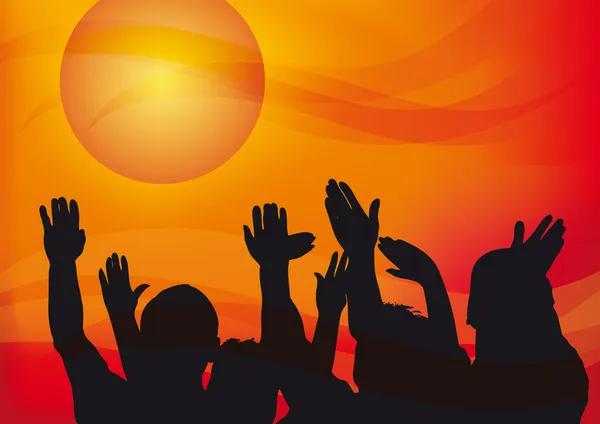 Mãos para o céu ao pôr do sol — Vetor de Stock