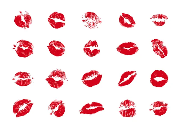 Set di impronte di baci e labbra femminili — Stock Vector