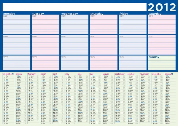 Calendario di pianificazione 2012 in inglese — Vettoriale Stock