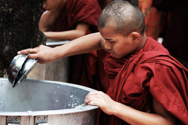 Mnich biorąc ryżu z wielki pan, myanmar — Zdjęcie stockowe