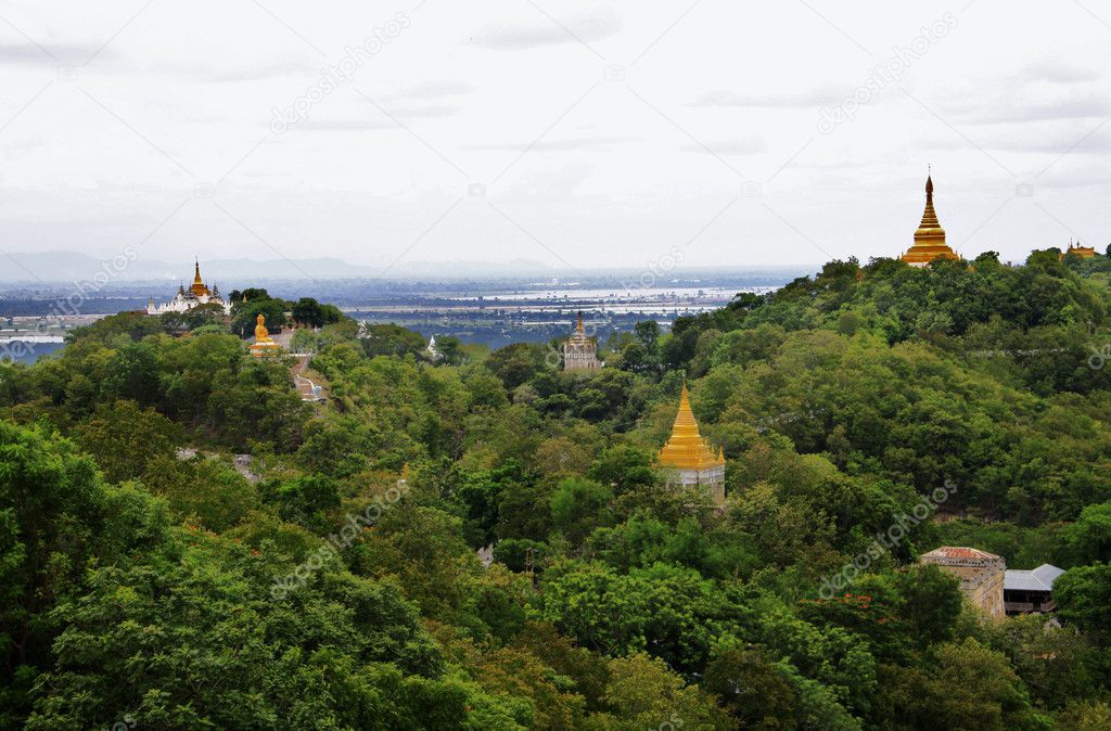 Myanmar landscape with golden pagodas