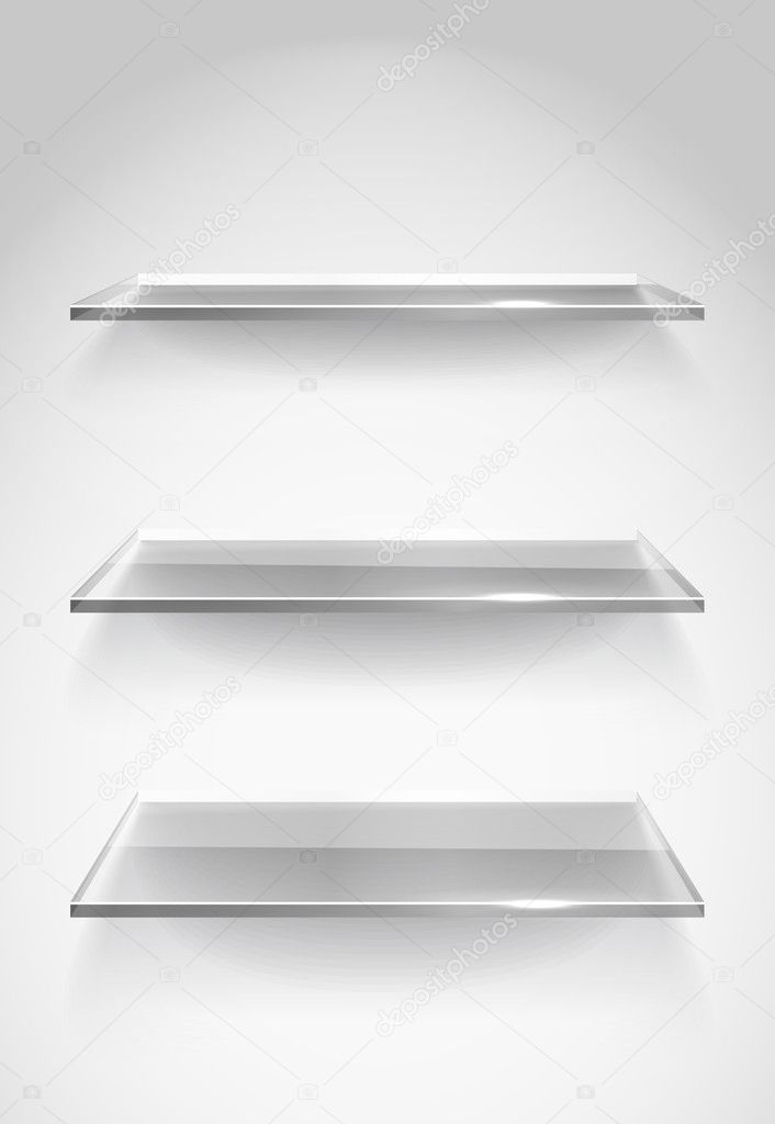 Three empty advertising glass shelves on the wall — Stock Vector