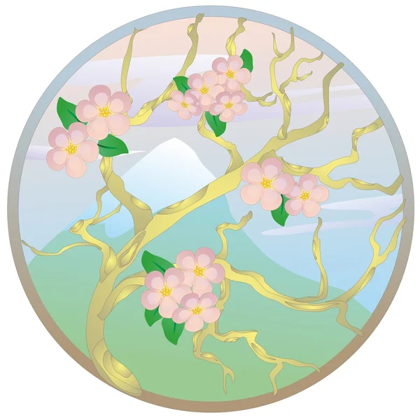 "Oriental cherry against mountain" — Stock Vector