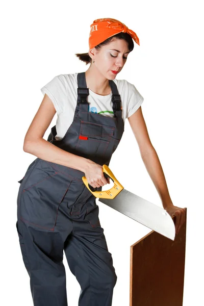 Girl sawing board — Stock Photo, Image
