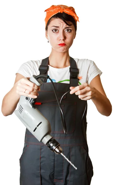 Gigl with drill asking for help — Stock Photo, Image