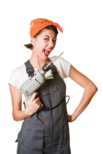 Laughing girl with drill — Stock Photo, Image