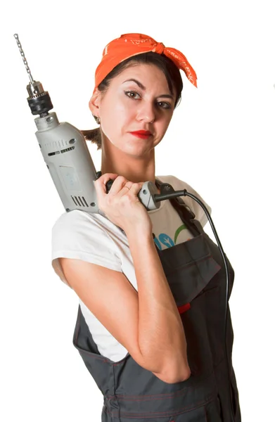Satisfied girl with drill — Stock Photo, Image