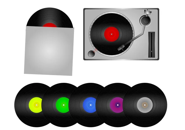Set de 6 discos de vinilo de colores con reproductor de vinilo — Vector de stock
