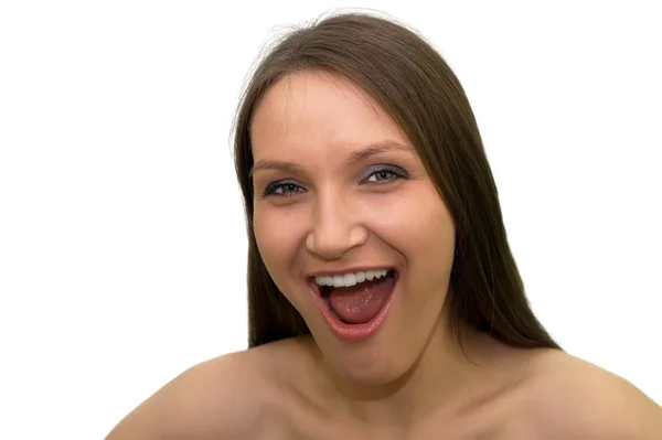 Красива дівчина сміється ізольовано на білому тлі Ліцензійні Стокові Фото