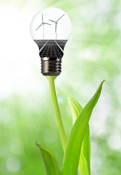 Glühbirne mit Solarzellen und Windturbinen — Stockfoto