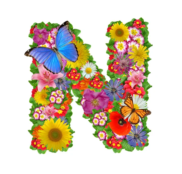 Alfabet over blomster og sommerfugl – stockfoto
