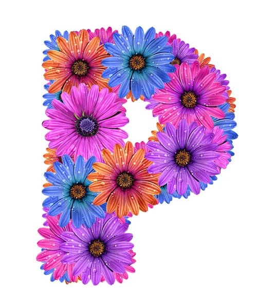 Alfabet kolorowe kwiaty zroszone — Zdjęcie stockowe