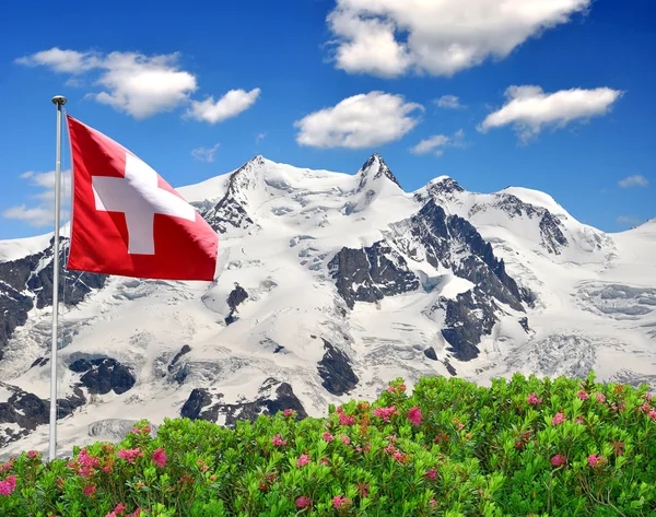 Monte Rosa com bandeira suíça — Fotografia de Stock