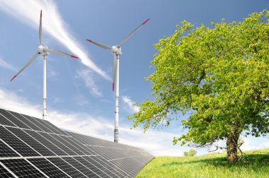 Solar energy panels and wind turbine clipart