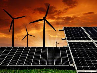 Solar energy panels and wind turbine clipart