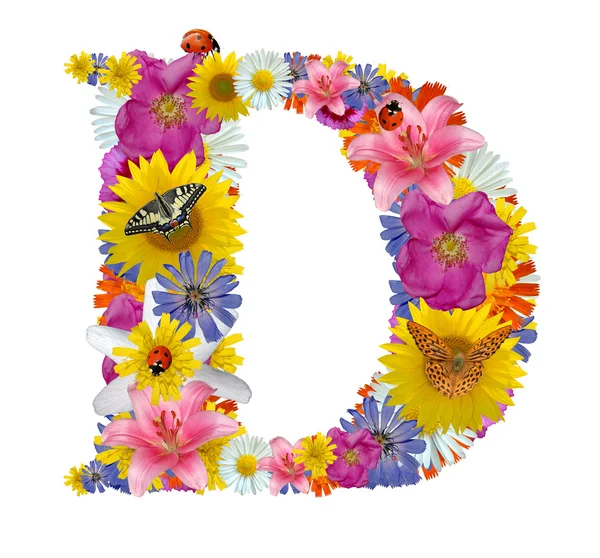 Alfabet fra blomster med sommerfugler og marihøne – stockfoto