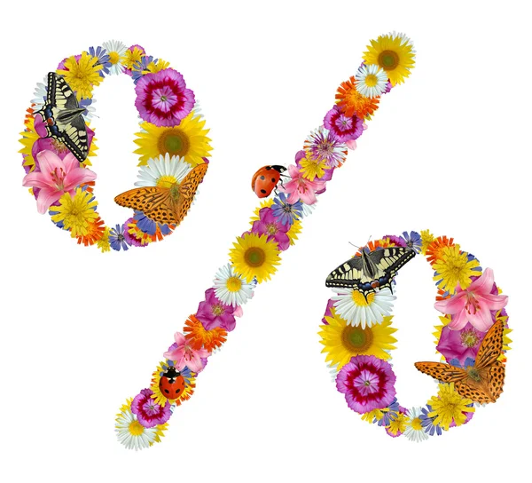 Percent sign from flowers, butterflies and ladybug — Stock Photo, Image