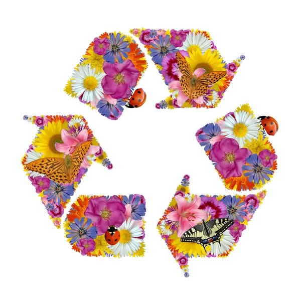 Recycling symbol of flowers, butterflies and ladybug — Stock Photo, Image