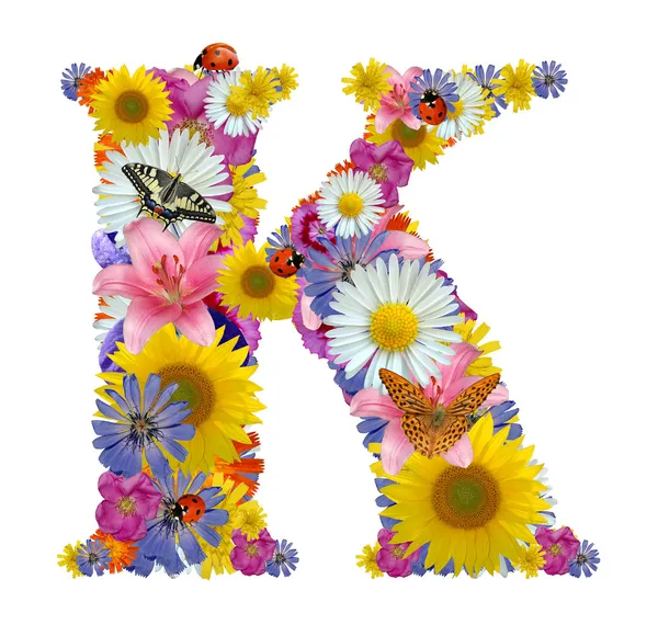 Alfabeto de flores con mariposas y mariquitas —  Fotos de Stock
