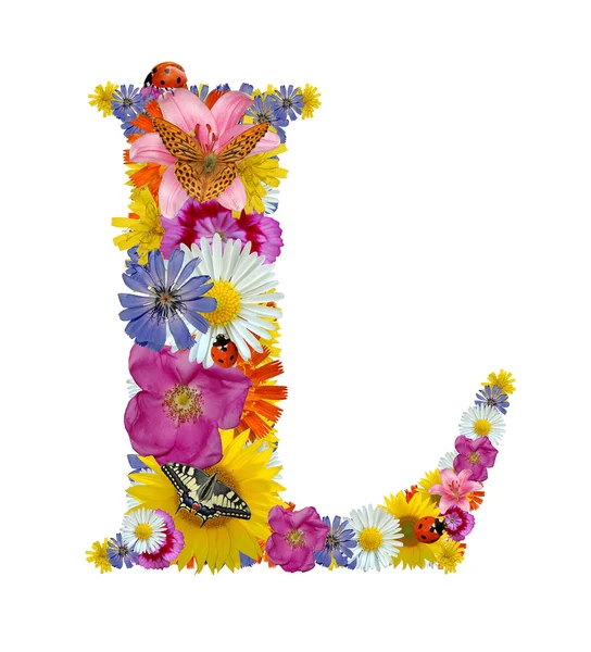 Алфавіт з квітів з метеликами і сонечком — стокове фото
