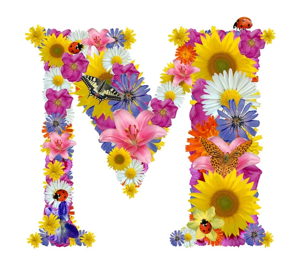 Alfabet van bloemen met vlinders en lieveheersbeestje — Stockfoto