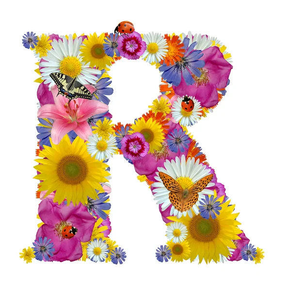 Alfabeto de flores com borboletas e joaninha — Fotografia de Stock