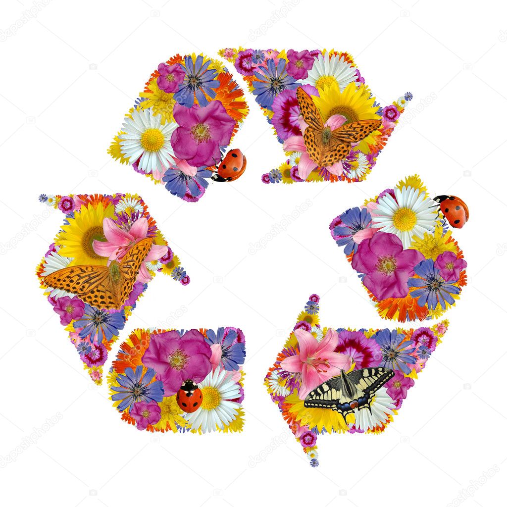 Recycling symbol of flowers, butterflies and ladybug