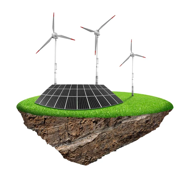 Eilandje met zonnepanelen en windturbines — Stockfoto