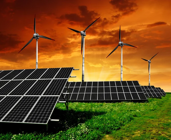 stock image Solar energy panels and wind turbine