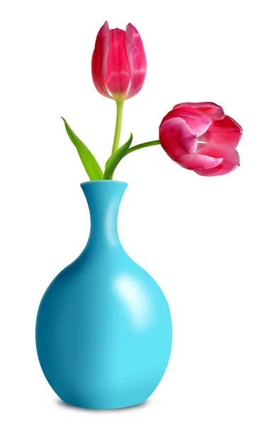 Розовые тюльпаны в голубой вазе — стоковое фото