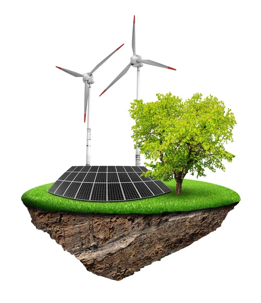 Pequeña isla con panel solar y turbinas eólicas — Foto de Stock