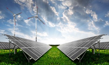 Solar energy panels and wind turbine clipart