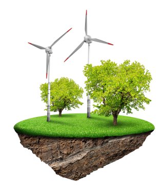 Little island with wind turbines and trees clipart