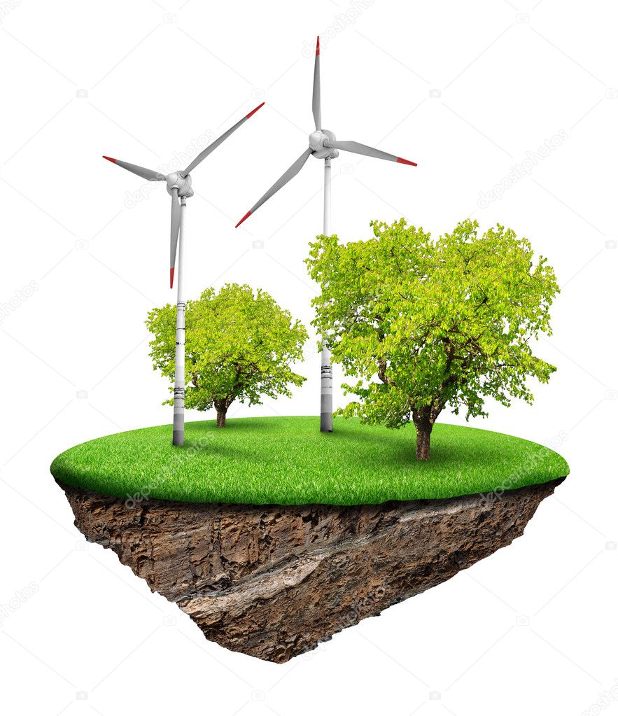Little island with wind turbines and trees