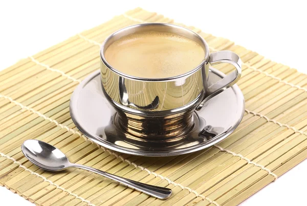 Metal Cup of espresso coffee with spoon — Stock Photo, Image