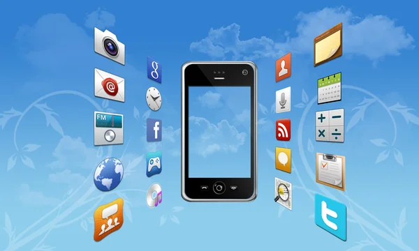 Smartphone med Cloud of Application ikoner — Stockfoto