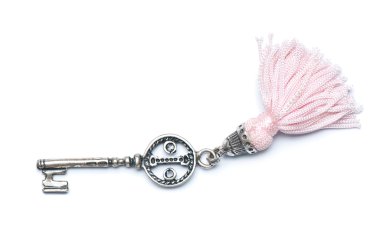 Macro view of silver,elegant key on a white background clipart